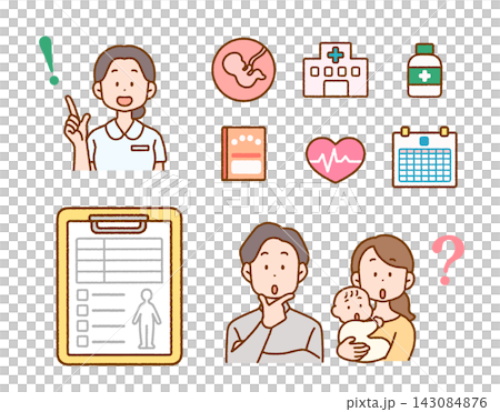 Illustration set of couples and nurses thinking about fertility treatment and childbirth | Maternity and Obstetrics Illustration set of couples and nurses thinking about fertility treatment and childbirth | Maternity and Obstetrics 143084876
