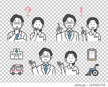 Simple and easy-to-use illustrations of doctor and nurse expressions | Questions, explanations, and guidance Simple and easy-to-use illustrations of doctor and nurse expressions | Questions, explanations, and guidance 143085156