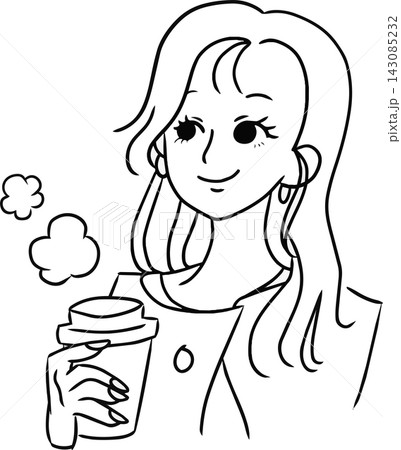 コーヒーを持つ女性の線画イラスト コーヒーを持つ女性の線画イラスト 143085232