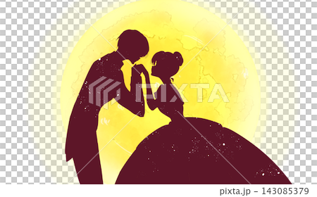 A prince kisses the back of the princess's hand; silhouette; moon. A prince kisses the back of the princess's hand; silhouette; moon. 143085379