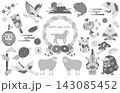 お正月の縁起物アイテムと未年のモノクロイラストセット 143085452