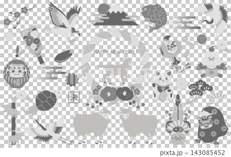 New Year's lucky charm items and monochrome illustration set for the Year of the Sheep New Year's lucky charm items and monochrome illustration set for the Year of the Sheep 143085452