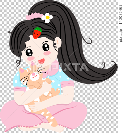 Cute Girl in Pink Pajamas Holding Little Cat Cute Girl in Pink Pajamas Holding Little Cat 143085465