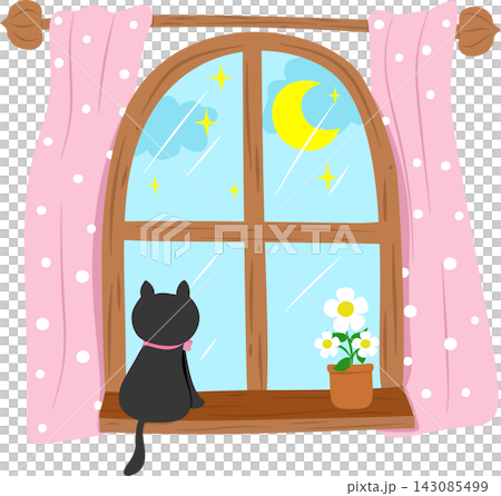 Night Wooden Window with Pink Curtains and Black Cat Night Wooden Window with Pink Curtains and Black Cat 143085499