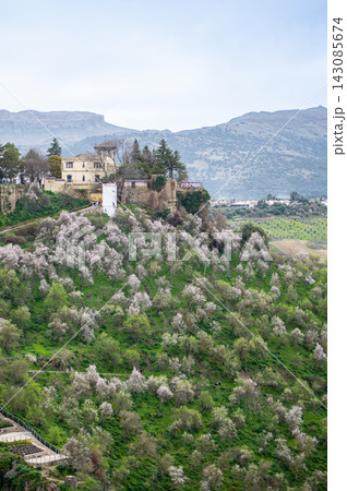 Panoramic view of surrounding landscapes and mountains from scenic elevated viewpoint in Ronda, Spain. 143085674