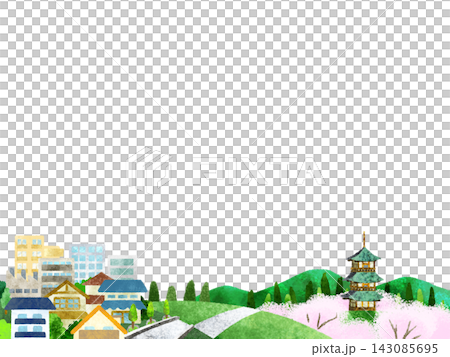 A townscape with cherry blossoms and a three-story pagoda in view 143085695