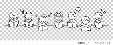Illustrations of children enjoying reading (monochrome) Illustrations of children enjoying reading (monochrome) 143085873