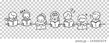 Illustrations (black and white) of children who are having trouble reading. Illustrations (black and white) of children who are having trouble reading. 143085874