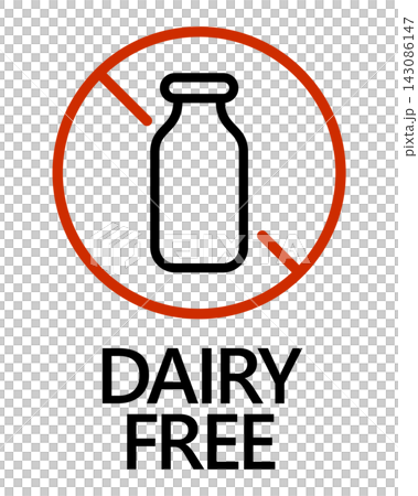無乳製品(DAIRY FREE)禁令標誌圖示;食品和純素食標籤材料。 無乳製品(DAIRY FREE)禁令標誌圖示;食品和純素食標籤材料。 143086147