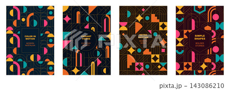 Bold Retro Geometric Poster Set with Colorful Modular Shapes, Arches, Circles and Line Patterns, Modern Nostalgia Vector Cover and Background Bold Retro Geometric Poster Set with Colorful Modular Shapes, Arches, Circles and Line Patterns, Modern Nostalgia Vector Cover and Background 143086210