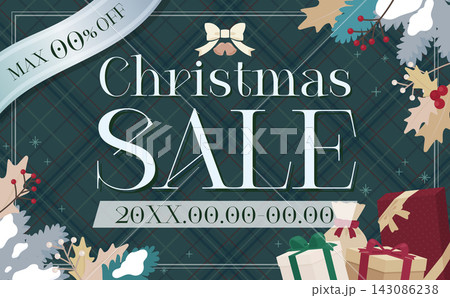 ヒイラギとプレゼントの緑色クリスマスセールテンプレート1_横 ヒイラギとプレゼントの緑色クリスマスセールテンプレート1_横 143086238