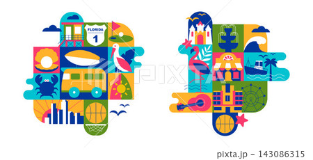 Florida Compositions. Travel Icon Set with Tropical Nature, Beaches, Tourism Symbols, Flat Geometric Minimalist Vectors, Modular Design Elements Florida Compositions. Travel Icon Set with Tropical Nature, Beaches, Tourism Symbols, Flat Geometric Minimalist Vectors, Modular Design Elements 143086315