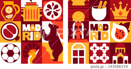 Madrid Geometric Mosaic Banner Templates with Spanish Architecture, Culture and Travel Symbols, Modern Social Media Covers, Web Headers, Cards and Promotional Vector Design Set Madrid Geometric Mosaic Banner Templates with Spanish Architecture, Culture and Travel Symbols, Modern Social Media Covers, Web Headers, Cards and Promotional Vector Design Set 143086339