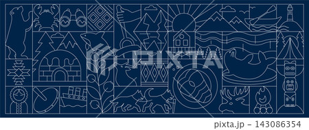 Alaska Geometric Line Art Banner and Pattern with Arctic Nature, Wildlife, Mountain, Art Deco Mosaic Vector Illustration, Wall and Tiles Alaska Geometric Line Art Banner and Pattern with Arctic Nature, Wildlife, Mountain, Art Deco Mosaic Vector Illustration, Wall and Tiles 143086354