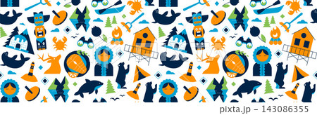 Alaska Geometric Seamless Pattern with Travel, Holiday and Vacation Symbols, Arctic Nature, Wildlife, Mountains and Tourism Geometric Elements, Vector Illustration Alaska Geometric Seamless Pattern with Travel, Holiday and Vacation Symbols, Arctic Nature, Wildlife, Mountains and Tourism Geometric Elements, Vector Illustration 143086355