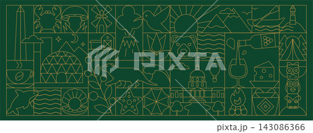 Washington Geometric Line Art Banner and Seamless Pattern with Nature, Forest, Wildlife and Travel Symbols, Art Deco Mosaic Vector Illustration 143086366