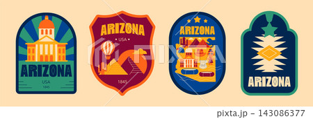 Arizona Retro Badge Set with State Map, Desert Symbols, Vintage Lettering, Travel Labels, National Park Style Stickers, Western Adventure Vector Set Arizona Retro Badge Set with State Map, Desert Symbols, Vintage Lettering, Travel Labels, National Park Style Stickers, Western Adventure Vector Set 143086377