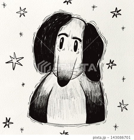 Hand Drawn Ink Illustration of Cute Dog with Long Ears Surrounded by Stars 143086701