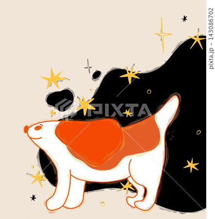 Hand Drawn Illustration of Smiling Long Eared Dog Walking Among Golden Stars 143086702