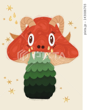 Cute Horned Mushroom Monster Illustration with Golden Glitter Stars and Tears 143086703