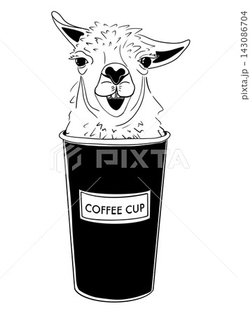Smiling Llama in Takeaway Coffee Cup Hand Drawn Illustration 143086704