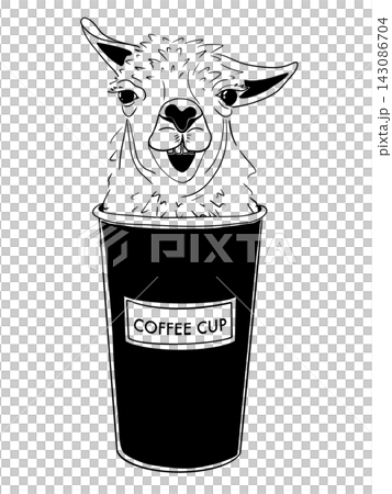 Smiling Llama in Takeaway Coffee Cup Hand Drawn Illustration 143086704