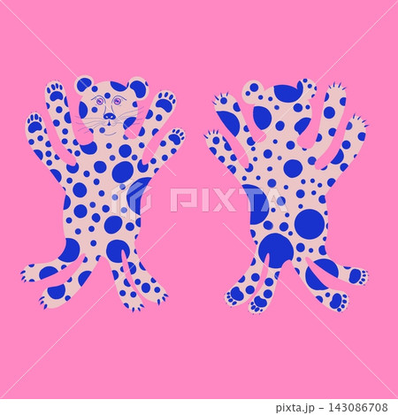 Spotted Leopard Characters Front and Back View Flat Illustration on Pink Background 143086708