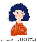 Hand Drawn Illustration of Girl with Curly Blue Hair and Round Glasses in Knitted Sweater 143086712
