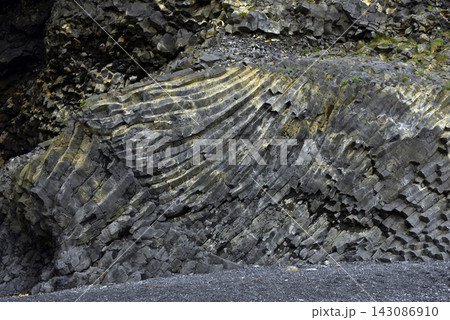 Intricate texture of volcanic basalt columns on Reynisfjall mountain Iceland 143086910
