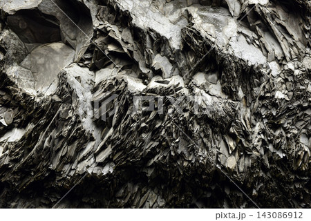 Sharp jagged textures of weathered volcanic basalt columns, Iceland 143086912