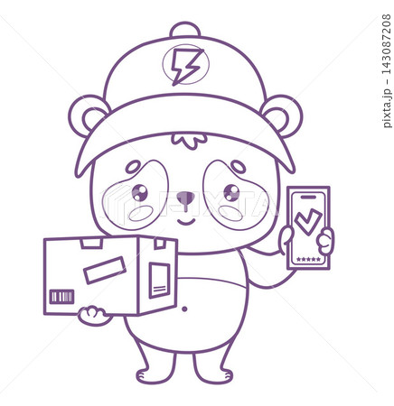 Courier Panda Kawaii with Parcel Box and Phone Showing Green Checkmark and 5 Stars. Cute Funny Delivery Mascot Cartoon Character. Vector Illustration for Order Success, Rating and Review Courier Panda Kawaii with Parcel Box and Phone Showing Green Checkmark and 5 Stars. Cute Funny Delivery Mascot Cartoon Character. Vector Illustration for Order Success, Rating and Review 143087208