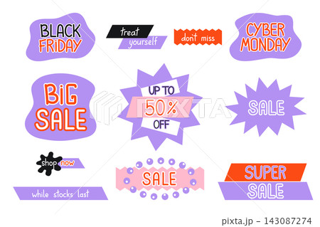 Black Friday stickers vector set. Big sale announcement badges. Bold purple retail promotion icon elements for Cyber Monday, super sale. Commerce labels for social media marketing, advertising Black Friday stickers vector set. Big sale announcement badges. Bold purple retail promotion icon elements for Cyber Monday, super sale. Commerce labels for social media marketing, advertising 143087274