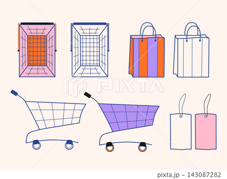 Shopping graphics vector set. Supermarket carts, shopping baskets, paper bags, price tags. Outlined and bold colored retail doodles for retail promotion, store branding, sale advertising 143087282