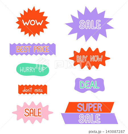 Colorful sale stickers vector set. Bold playful retail promotion badges with wow, sale, best price, hurry up, buy now, deal hand written lettering. Commerce labels and buttons for social media 143087287