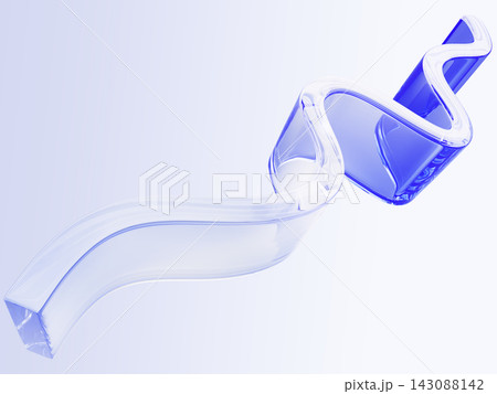 Blue transparent liquid glass wavy ribbon, abstract water wave isolated on soft background. 3D render of smooth geometric curve line for modern design, presentation, banner, cover art. 3D illustration 143088142