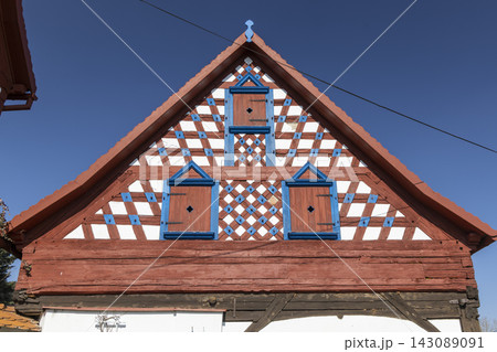 Half-timbered farmhouse, folk architecture in Doubrava, Western Bohemia, Czech Republic 143089091