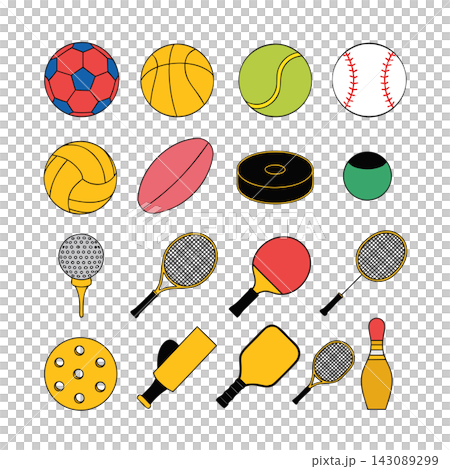 The image displays a collection of 16 different sports equipment and ball icons arranged in a grid The image displays a collection of 16 different sports equipment and ball icons arranged in a grid 143089299