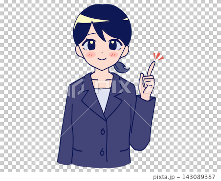 Gray suit woman, colored index finger pointing, idea, suggestion, business illustration material Gray suit woman, colored index finger pointing, idea, suggestion, business illustration material 143089387