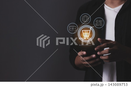 Young Man Hand Holding Smartphone With Online shopping, Mobile payment, Online payment, Digital, Bank account phone, Mobile banking payment concept Young Man Hand Holding Smartphone With Online shopping, Mobile payment, Online payment, Digital, Bank account phone, Mobile banking payment concept 143089753