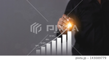 Young man hand touching to visualize money growth The phone screen displays graphs and charts showing increasing investment and savings trends, increased account 143089779