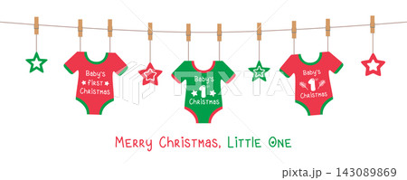 cute baby christmas greeting card with hanging bodysuits vector illustration 143089869