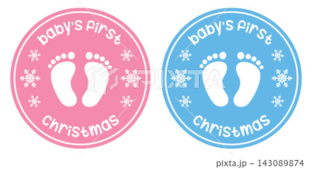 cute babys first christmas sticker with footprints vector illustration 143089874