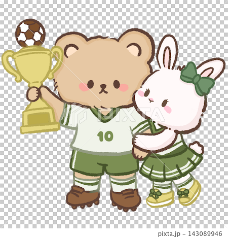 Cute Soccer Bear Holding Golden Trophy With White Bunny Cheerleader Celebrating Victory Kawaii Football Champion Sports Illustration Cute Soccer Bear Holding Golden Trophy With White Bunny Cheerleader Celebrating Victory Kawaii Football Champion Sports Illustration 143089946