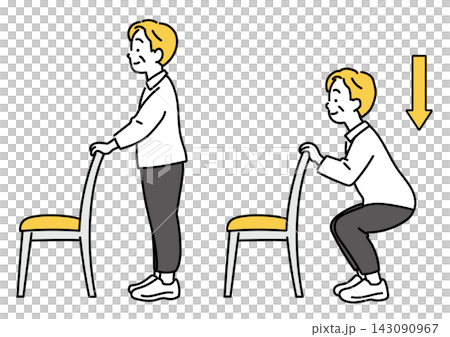 An illustration of a senior man doing squats while holding onto a chair. An illustration of a senior man doing squats while holding onto a chair. 143090967