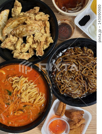 Spicy jjampong with seafood and noodles, savory jajangmyeon with rich black bean sauce, and crispy tangsuyuk in sweet and sour glaze. A perfect trio of bold flavors and satisfying textures. Spicy jjampong with seafood and noodles, savory jajangmyeon with rich black bean sauce, and crispy tangsuyuk in sweet and sour glaze. A perfect trio of bold flavors and satisfying textures. 143090980