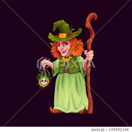Sinister cartoon witch with red hair, crooked green hat and long dress, holding wooden magic staff and glowing skull amulet. Scary Halloween sorceress character for arcade game and holiday party night 143091148