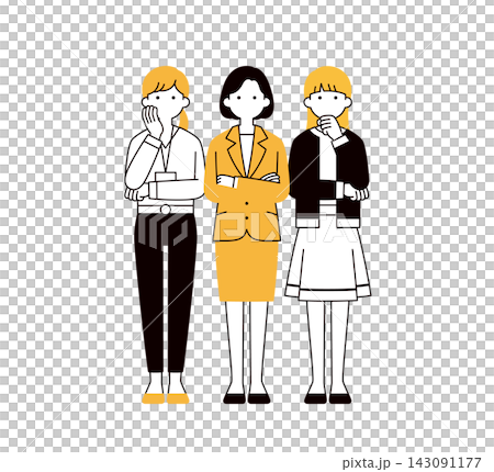 困る・悩む・考えるポーズの、オフィスで働く複数のビジネスウーマンの全身ベクターイラスト素材セット 143091177