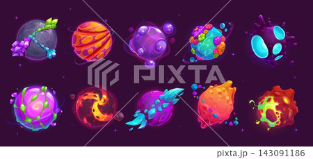 Cartoon alien space magma, lava, fire and ice planets and stars with orbits, vector game UI assets. Cartoon fantasy galaxy planets and alien space stars with rocks, flowers and crystals surface 143091186