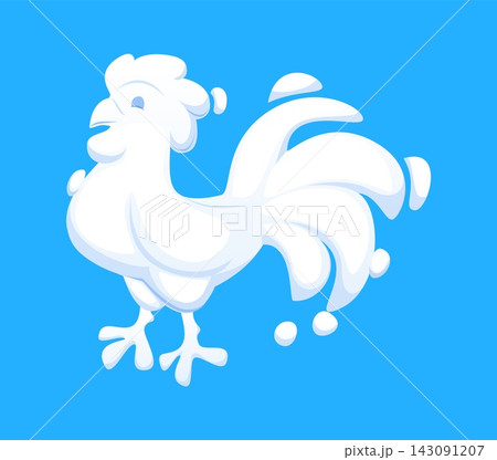 Chinese horoscope animal cloud in cartoon rooster bird shape with comb, curved beak, body and tail feathers. Isolated vector Lunar New Year zodiac cock character, calendar sign and fluffy icon Chinese horoscope animal cloud in cartoon rooster bird shape with comb, curved beak, body and tail feathers. Isolated vector Lunar New Year zodiac cock character, calendar sign and fluffy icon 143091207