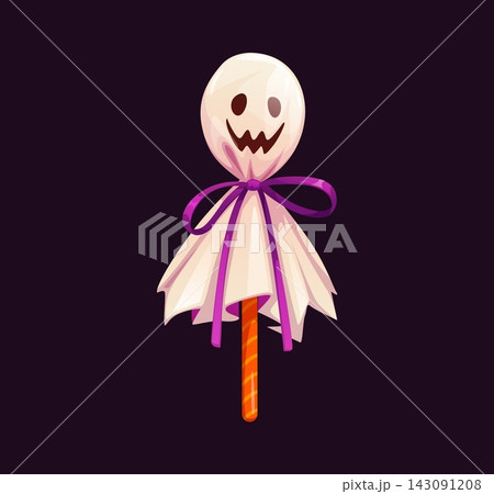 Cartoon Halloween sweets candy ghost lollipop with scary face, white wrapper and purple ribbon. Isolated vector spooky candy treat for children, October party, trick or treat and autumn festival 143091208